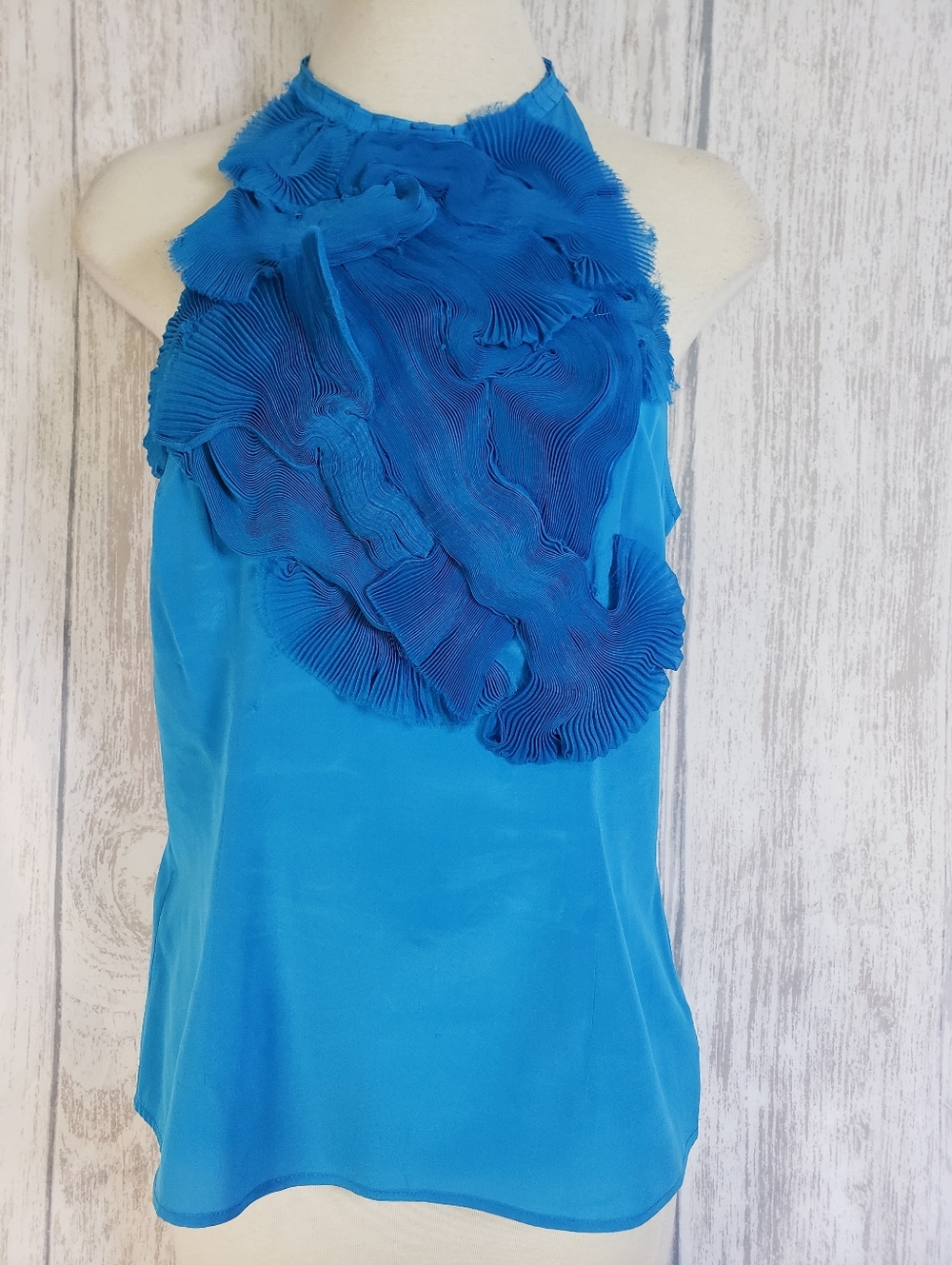 BeBe Vtg Blue Silk Fan Pleated Ruffle Sleeveless  Top - Side Zip Lined - Small